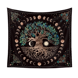 Close-up detail of Bohemian tapestry featuring Tree of Life and Moon Phases pattern