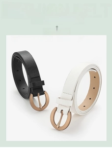 Detail view of premium leather belts with matte gold round buckles in black and white