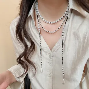 Multi Layer Artificial Pearl Necklace With Glass Beads And Teardrop Pendant French Retro Long Sweater Chain For Women