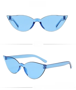 Detailed views of blue translucent cat eye sunglasses with a retro butterfly frame design