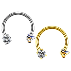 U-shaped stainless steel septum rings with zircon and colorful bee charms in gold and silver