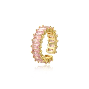 Adjustable golden ear cuff with pink rectangular crystals and a polished metal finish