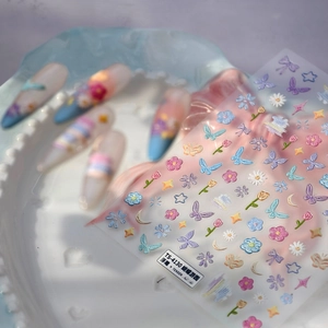 3D floral nail stickers with pastel butterflies and flowers, garden theme TS-4130