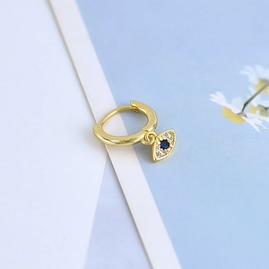S925 silver needle evil eye hoop earring with blue zircon in gold finish for women