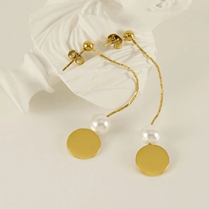 Chic titanium steel drop earrings with long gold chains, pearls and metal discs