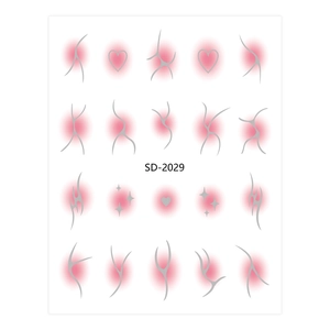 Detailed sheet of blush gradient nail art stickers with silver heart and star patterns