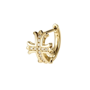 Elegant gold cross hoop earring with sparkling zircon crystals on a clean white background