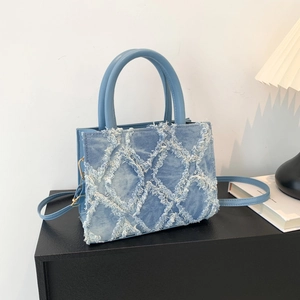 Denim Frayed Edge Crossbody Bag Diamond Lattice Fringe Small Tote Handbag For Women Stylish Casual Daily Shoulder Bag