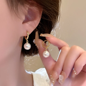 French style gold pearl drop earrings with elegant round white pearls for women