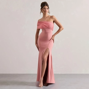Off Shoulder Mesh Splicing Ruched Evening Dress High Slit Slim Fit Elegant Sexy Celebrity Long Party Gown For Women