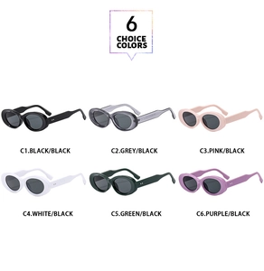 Grid layout showing six color options for vintage oval sunglasses with plastic frames