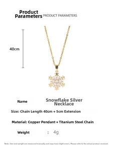 Detail showing snowflake necklace dimensions 40cm plus 5cm with copper pendant specs