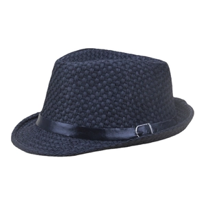 Men's summer straw fedora hat with black leather buckle band and woven texture