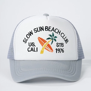 Adjustable gray and white trucker hat featuring embroidered Slow Sun beach club design
