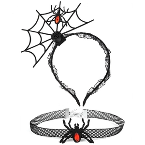 Detail view of Halloween spider web lace headband and choker set with red crystal drops