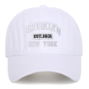 White cotton Brooklyn baseball cap with 3D embroidery showing EST.1631 and New York text
