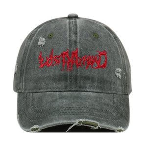 Vintage washed baseball cap with gothic embroidery and distressed ripped details in dark gray