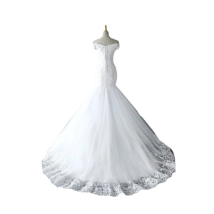 Elegant white lace mermaid wedding dress with off-shoulder neckline and corset back
