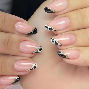 French Cow Print Press On Nails Almond Shape Black White Tips With Golden Glitter Lines Fashionable Manicure For Women