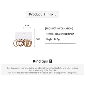 Detail specifications of 6-piece geometric gold and amber acetate hoop earrings set
