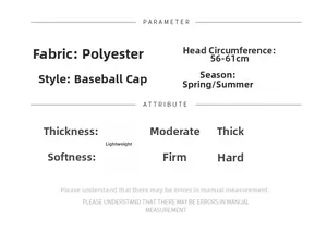 Size chart showing 56-61cm head circumference for lightweight polyester baseball caps