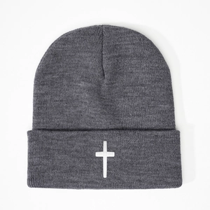 Dark gray knitted beanie with white cross embroidery for winter outdoor warmth and style