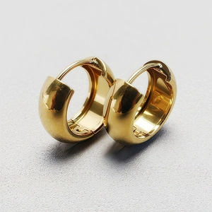 Polished 14K gold-plated 316L steel huggie earrings with textured wide band design