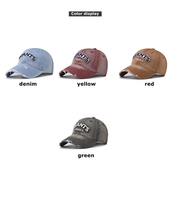 Detail showcasing distressed washed denim baseball caps with GIANTS 3D embroidery textures