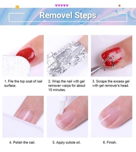 Detailed six-step visual guide for removing thermal glitter gel polish from nails