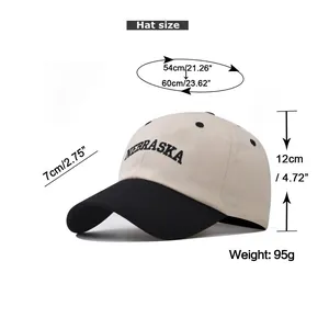 Detailed size chart for cotton baseball cap showing head circumference and brim length