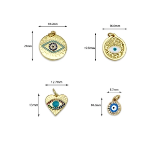 Gold evil eye pendants in heart and round shapes with colorful micro-inlaid stones