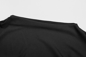 Detail of the high-neck pleated collar on this slim black bodycon dress for women