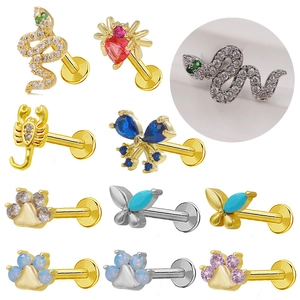 Tiny Scorpion Snake Spider Butterfly Cat Paw Lip Studs Copper Rhinestone Inlaid Piercing Jewelry Labret Earrings For Women