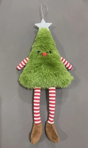 Detail of green plush Christmas tree ornament with striped legs and silver star topper