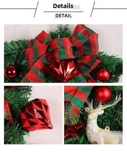 Detail view of Christmas teardrop swag with red plaid bow and white elk decoration