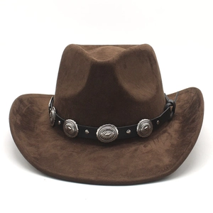 Detail of western cowboy hat featuring black leather band and vintage silver metal buckles