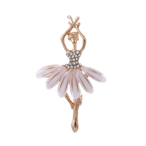 Elegant ballet dancer brooch with gold frame, white enamel skirt and sparkling rhinestones