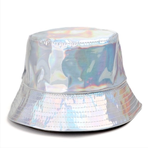 Detailed view of holographic laser PU bucket hat featuring reinforced brim stitching