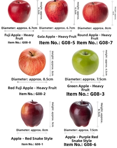 Detailed size specifications for various realistic artificial apple models with dimensions