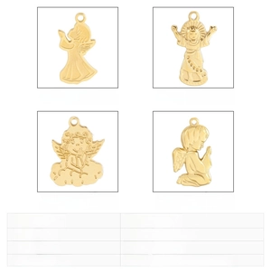 Detailed views of four golden stainless steel angel pendants with prayer poses