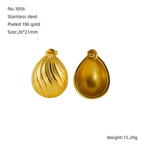 Detailed view of 18K gold plated stainless steel teardrop earrings with spiral texture