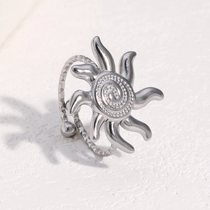 Macro detail of silver sun ring with spiral center and textured diamond cut band