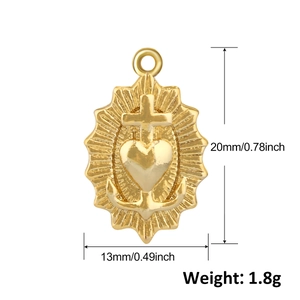 Detailed size specifications for heart cross and anchor charm showing dimensions and weight