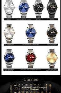 Business watch catalog featuring multiple dial colors and steel band styles for men