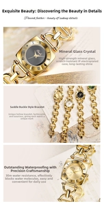 Detail of vintage ladies quartz watch featuring hollow saddle buckle chain and gold plating