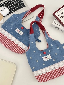 Sweet denim mini tote bag with star and bow patterns, lace trim and red gingham accents