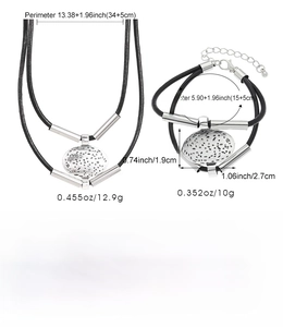 Dettagli tecnici del set collana e bracciale in cordino cerato nero con ciondoli argento
