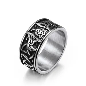 Celtic Knot Viking Wolf Ring Stainless Steel Vintage Nordic Style Wide Band Men Jewelry