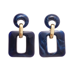 Minimalist geometric earrings with navy blue marble acrylic squares and golden metal rings