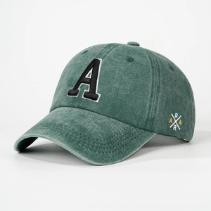 Vintage dark green washed cotton baseball cap with embroidered letter A and adjustable strap
